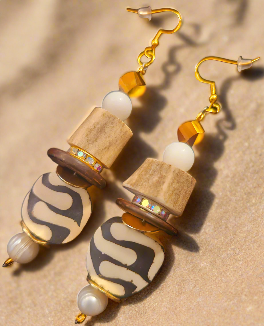 Exotic Earth Tone Pierced Statement Earrings Sculpted Antler Crystal