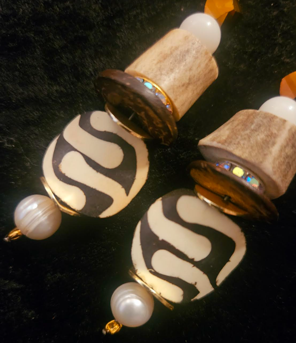 Exotic Earth Tone Pierced Statement Earrings Sculpted Antler Crystal