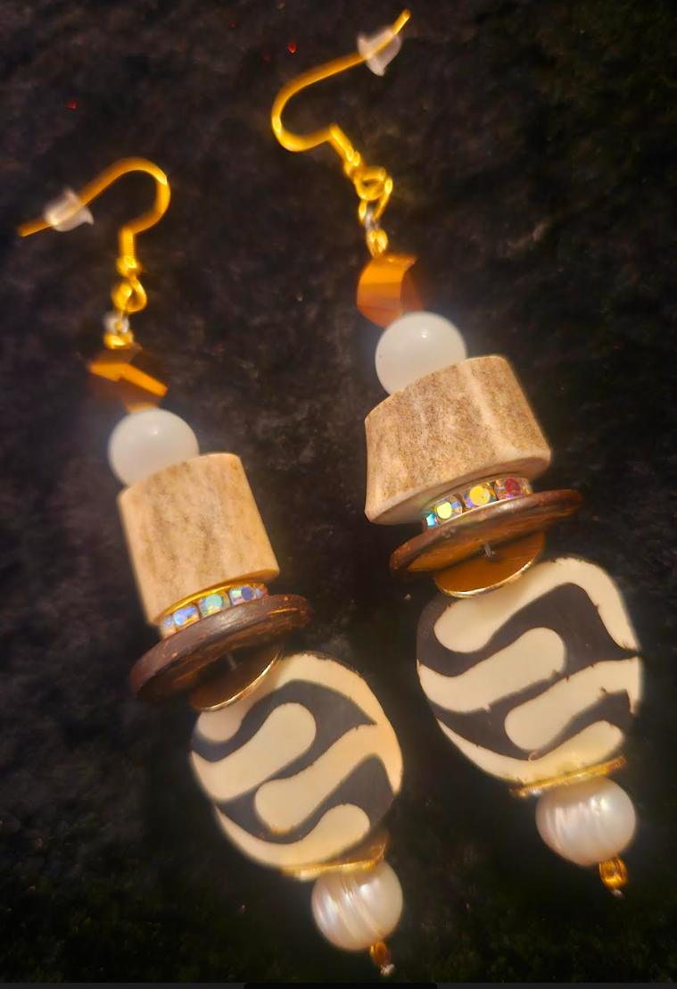 Exotic Earth Tone Pierced Statement Earrings Sculpted Antler Crystal