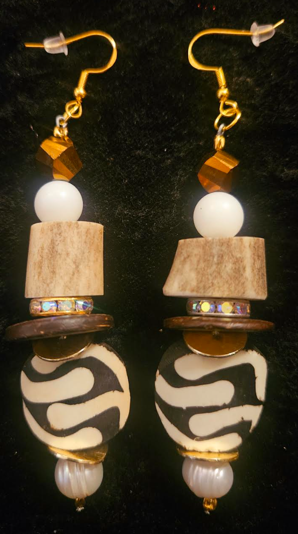 Exotic Earth Tone Pierced Statement Earrings Sculpted Antler Crystal