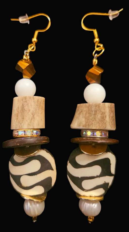 Exotic Earth Tone Pierced Statement Earrings - Sculpted Antler Crystal