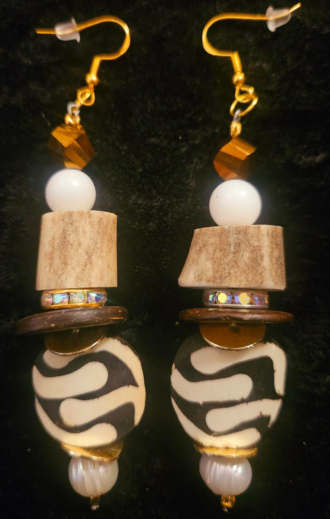 Exotic Earth Tone Pierced Statement Earrings Sculpted Antler Crystal