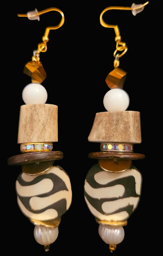 Exotic Earth Tone Pierced Statement Earrings - Sculpted Antler Crystal