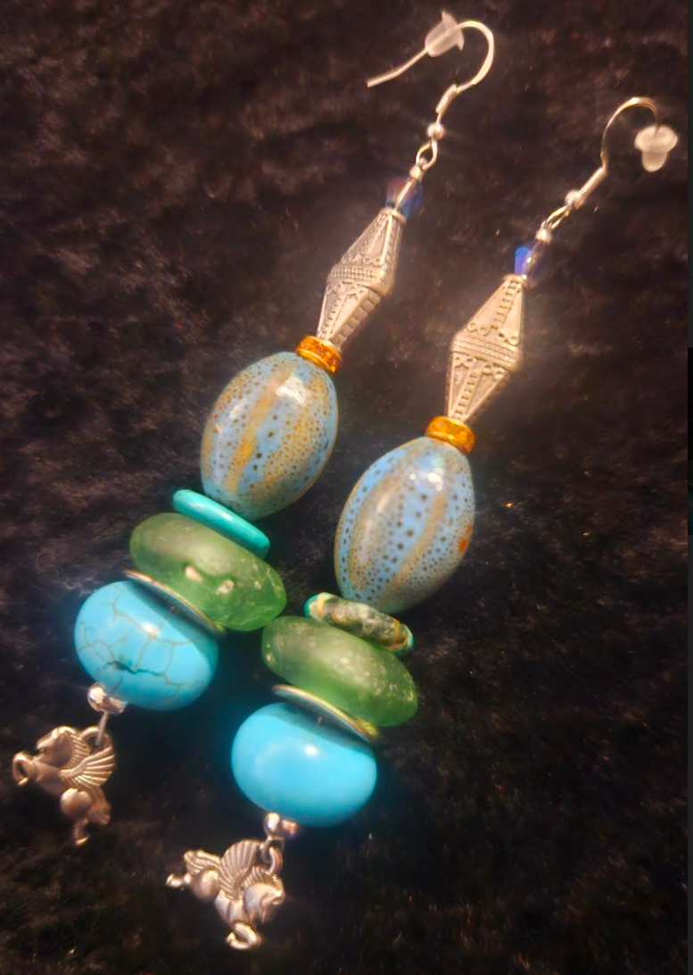 Mixed Media Blue Green & Silver Shoulder Duster Pierced Statement Earr