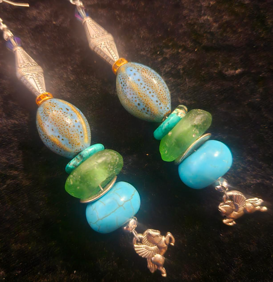 Mixed Media Blue Green & Silver Shoulder Duster Pierced Statement Earr