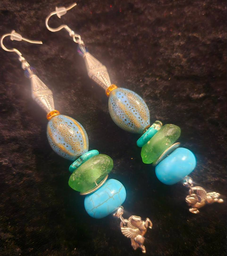 Mixed Media Blue Green & Silver Shoulder Duster Pierced Statement Earr