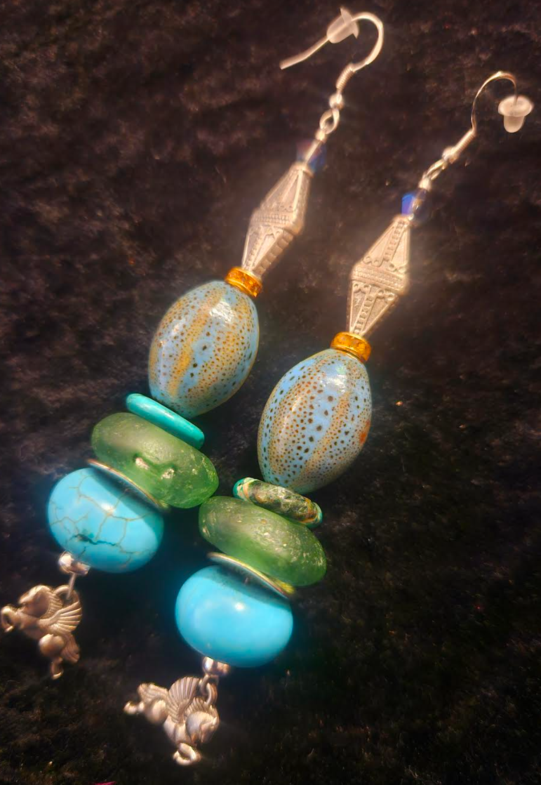 Mixed Media Blue Green & Silver Shoulder Duster Pierced Statement Earr