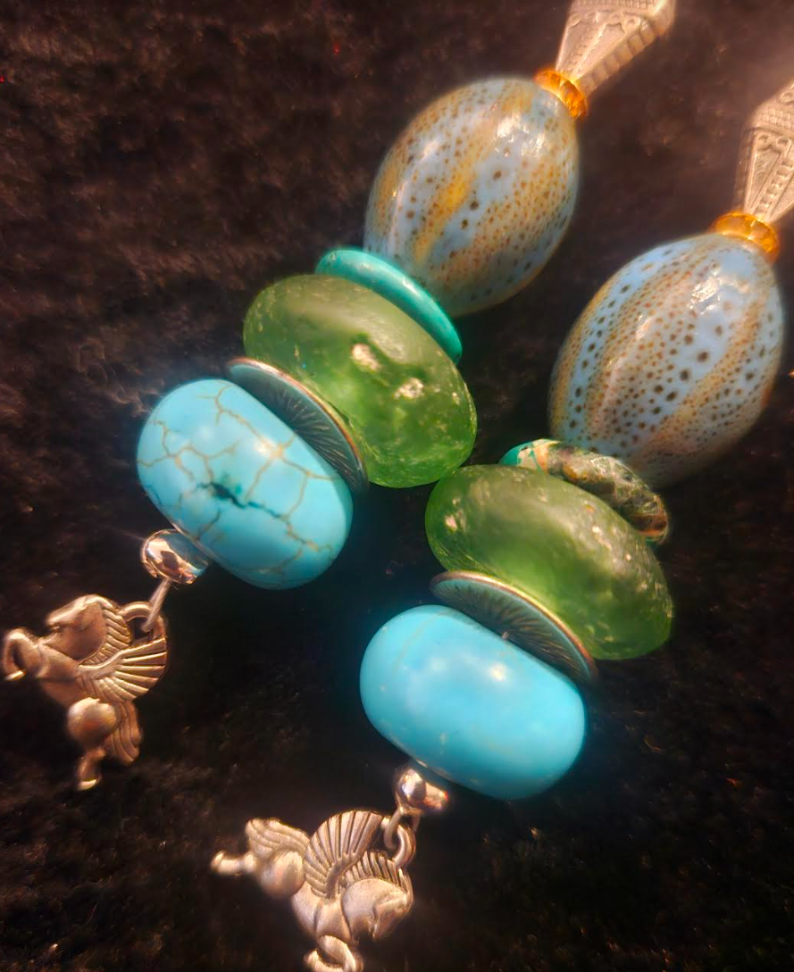 Mixed Media Blue Green & Silver Shoulder Duster Pierced Statement Earr