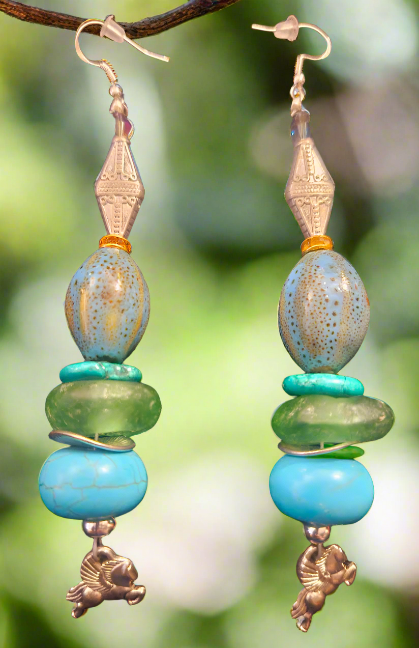 Mixed Media Blue Green & Silver Shoulder Duster Pierced Statement Earr