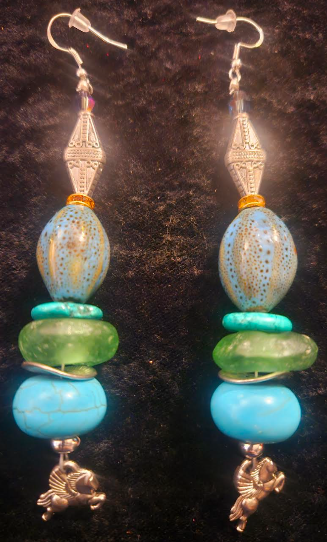 Mixed Media Blue Green & Silver Shoulder Duster Pierced Statement Earr