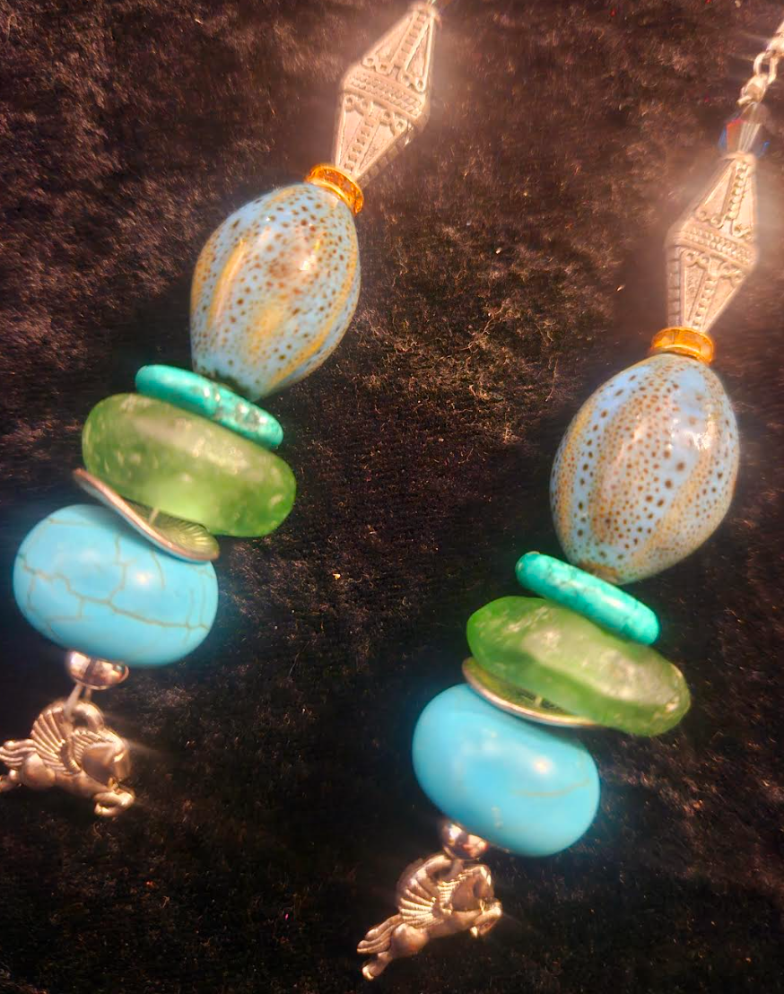 Mixed Media Blue Green & Silver Shoulder Duster Pierced Statement Earr