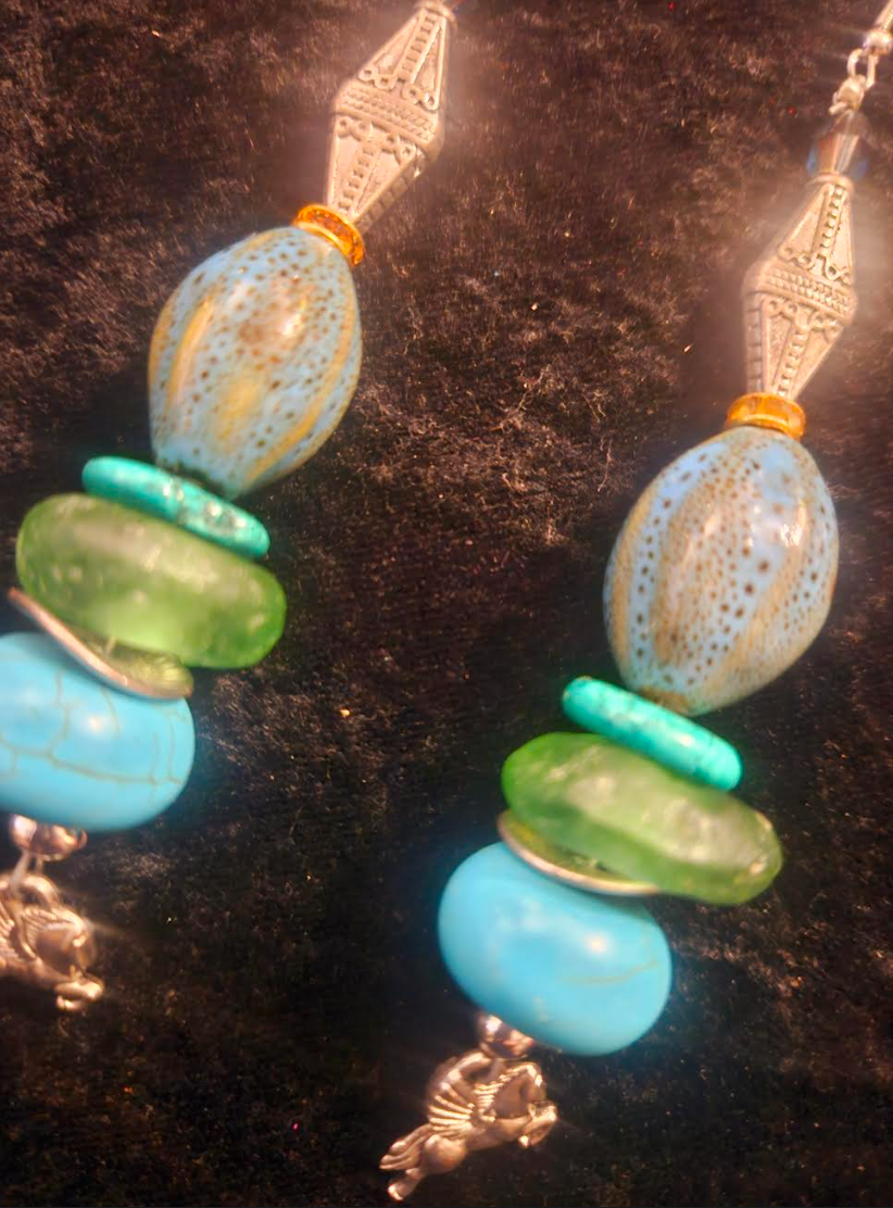 Mixed Media Blue Green & Silver Shoulder Duster Pierced Statement Earr