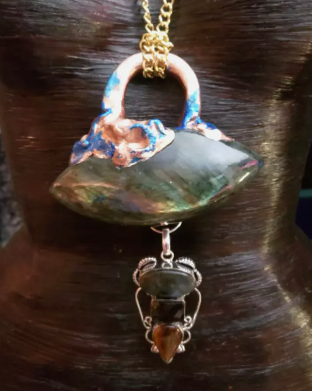 Labradorite Smoky Quartz & Tigers Eye Sculpted Chest Piece Spectr