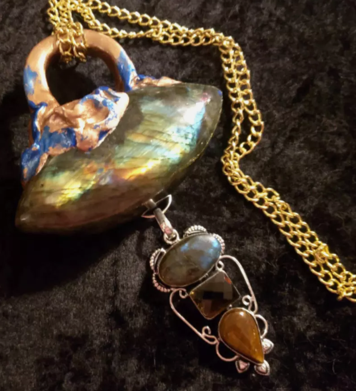 Labradorite Smoky Quartz & Tigers Eye Sculpted Chest Piece Spectr