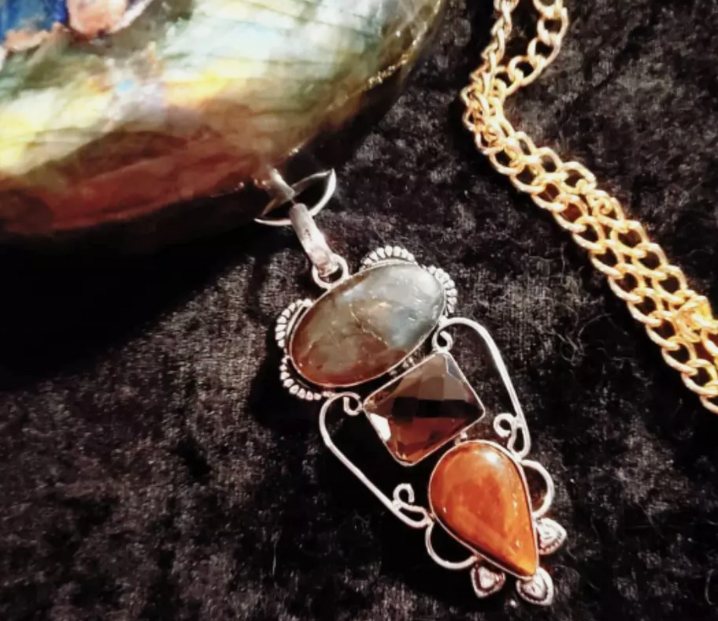 Labradorite Smoky Quartz & Tigers Eye Sculpted Chest Piece Spectr