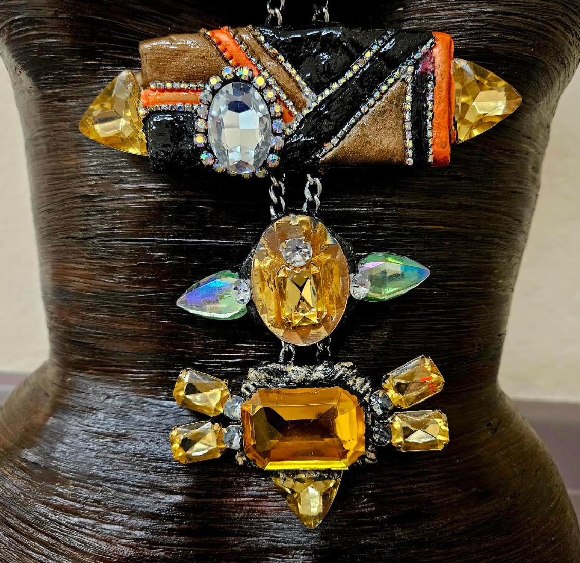 Art Deco Sculpted Crystal & Rhinestone Totem Statement Art Necklace