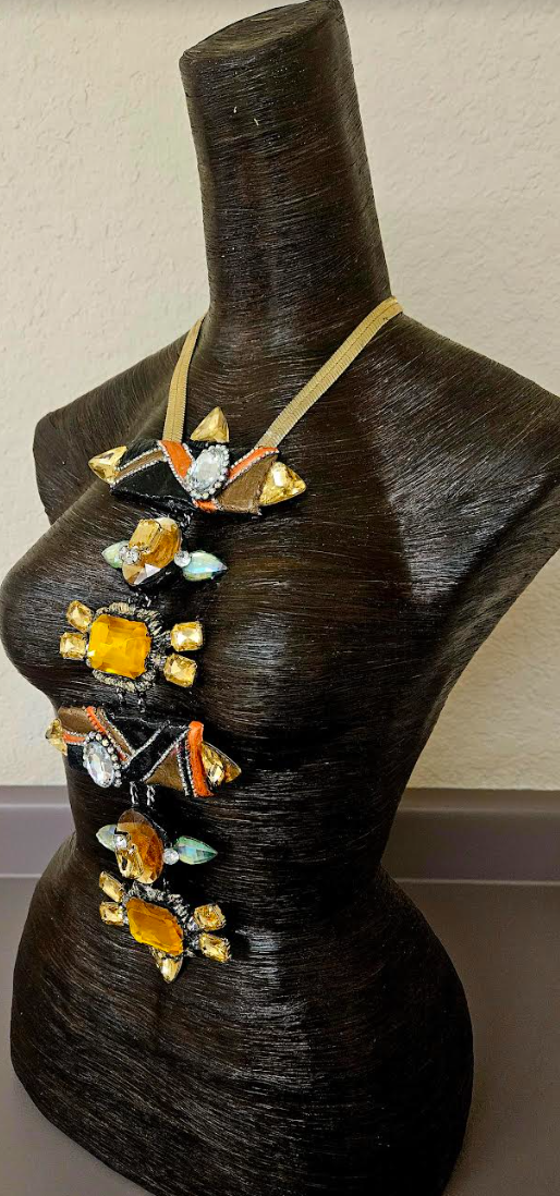 Art Deco Sculpted Crystal & Rhinestone Totem Statement Art Necklace