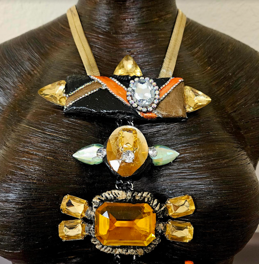 Art Deco Sculpted Crystal & Rhinestone Totem Statement Art Necklace