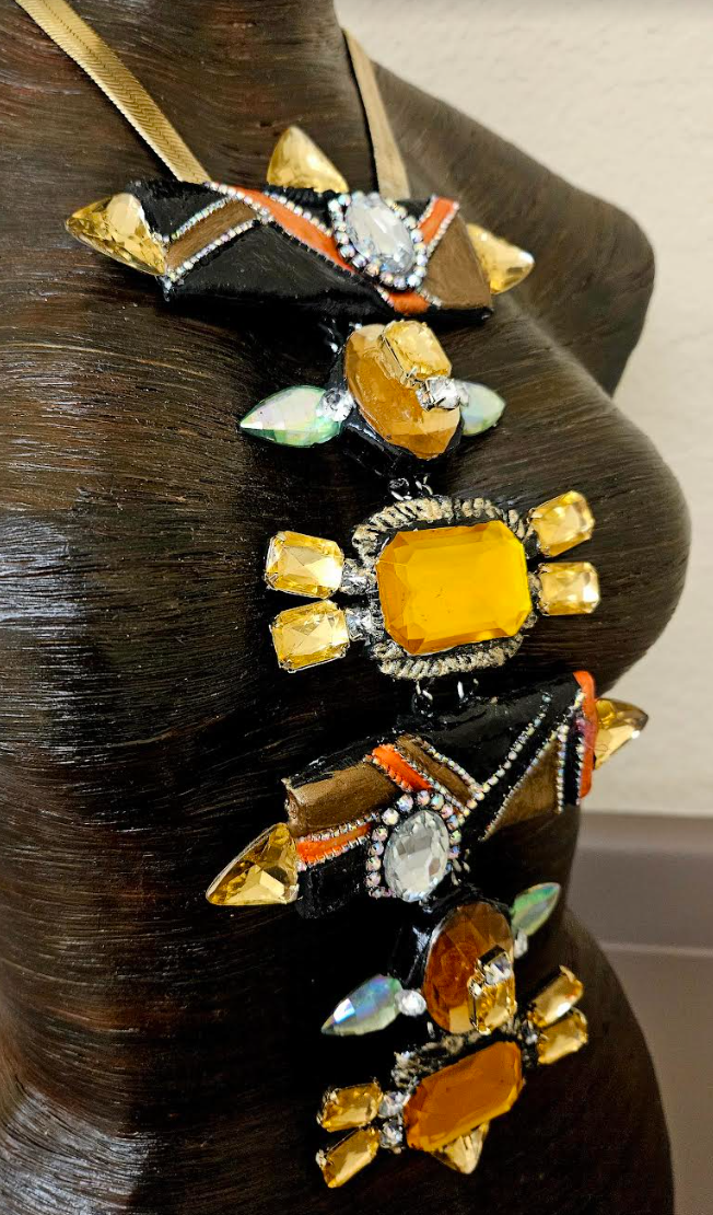 Art Deco Sculpted Crystal & Rhinestone Totem Statement Art Necklace