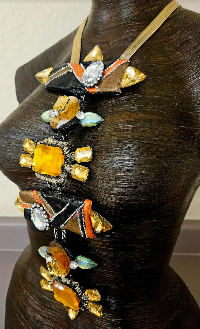 Art Deco Sculpted Crystal & Rhinestone Totem Statement Art Necklace
