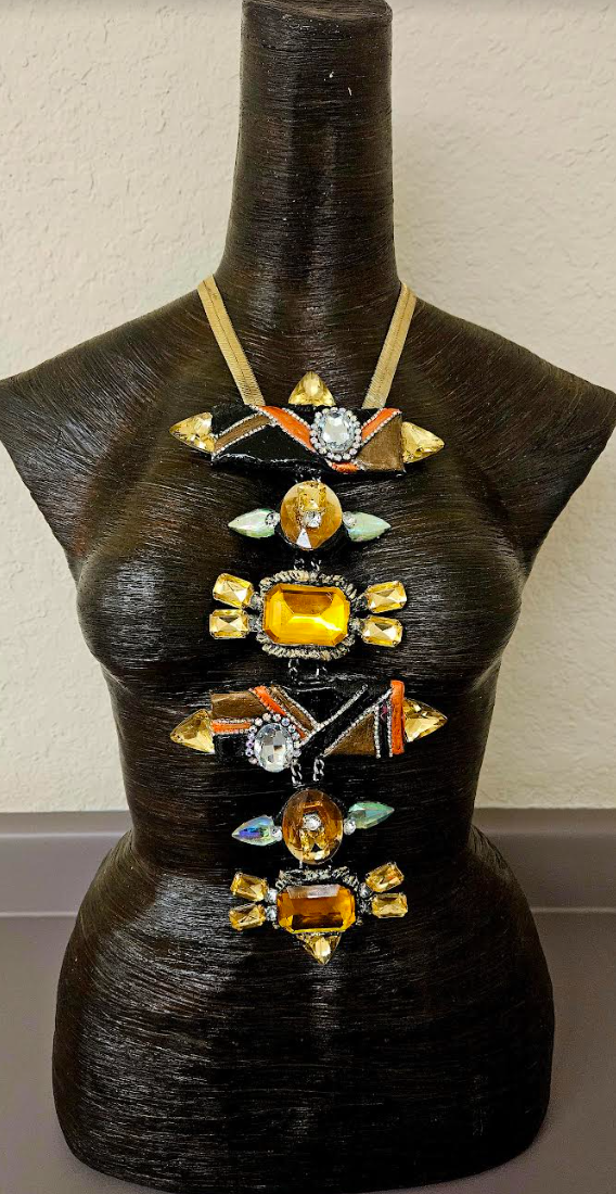 Art Deco Sculpted Crystal & Rhinestone Totem Statement Art Necklace