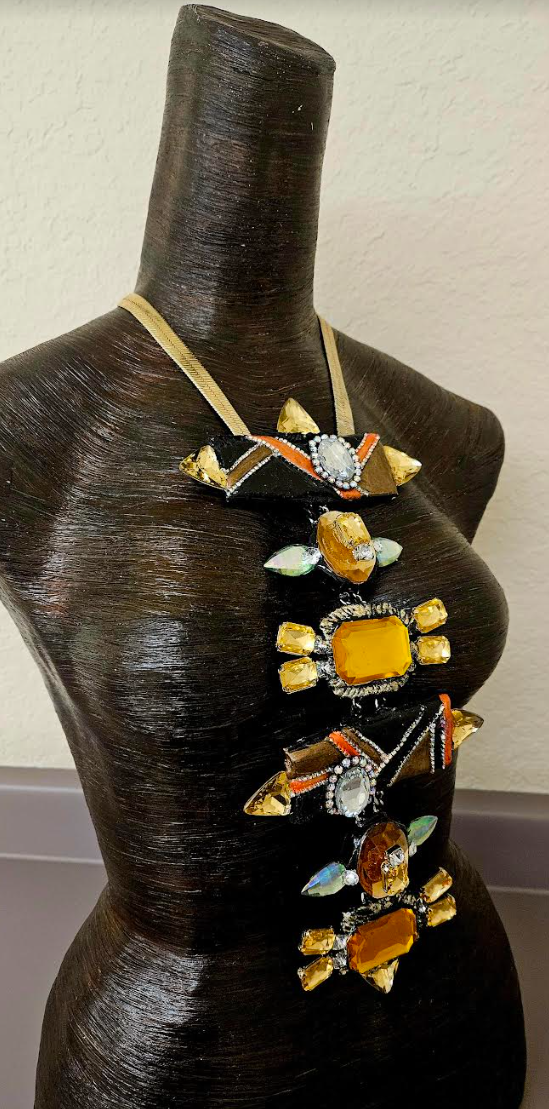 Art Deco Sculpted Crystal & Rhinestone Totem Statement Art Necklace