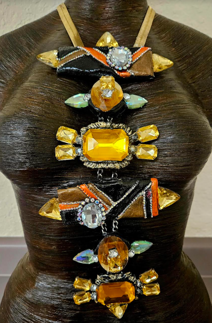 Art Deco Sculpted Crystal & Rhinestone Totem Statement Art Necklace