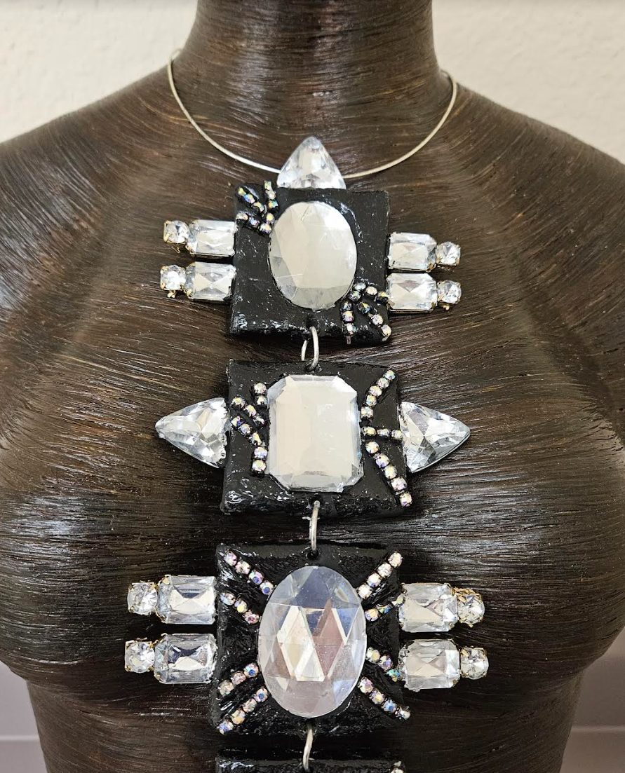 Black and Silver Art Deco Sculpted Crystal Statement Gemstone Pendant