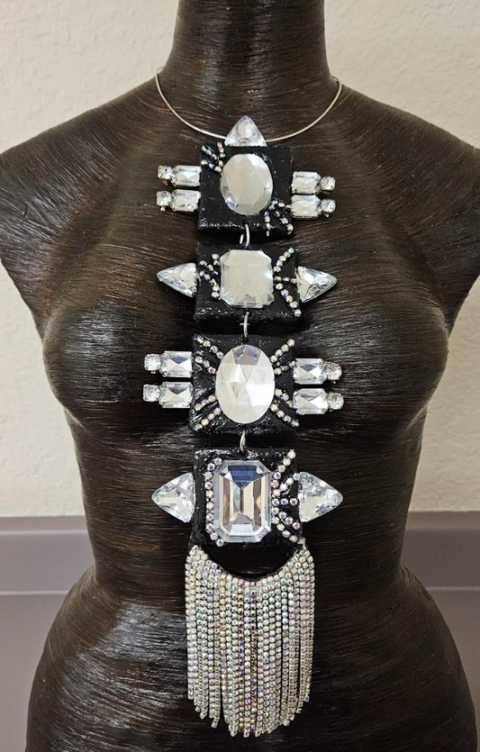 Black & Silver Art Deco Sculpted Statement Pendant - Rhinestone Tie