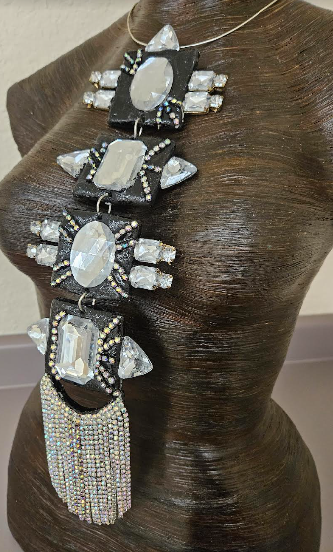Black & Silver Art Deco Sculpted Statement Pendant - Rhinestone Tie