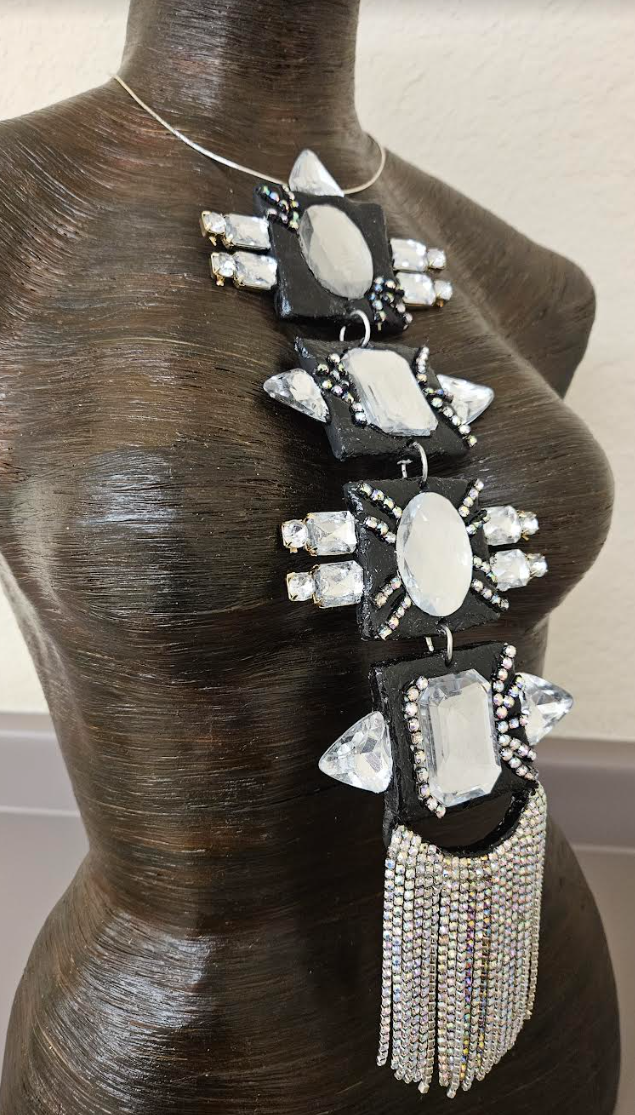 Black and Silver Art Deco Sculpted Crystal Statement Gemstone Pendant