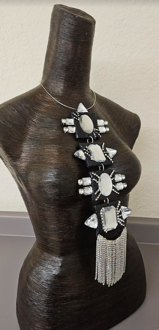 Black and Silver Art Deco Sculpted Crystal Statement Gemstone Pendant