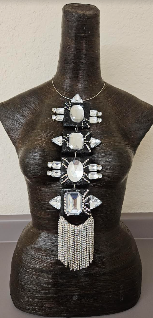 Black & Silver Art Deco Sculpted Statement Pendant - Rhinestone Tie