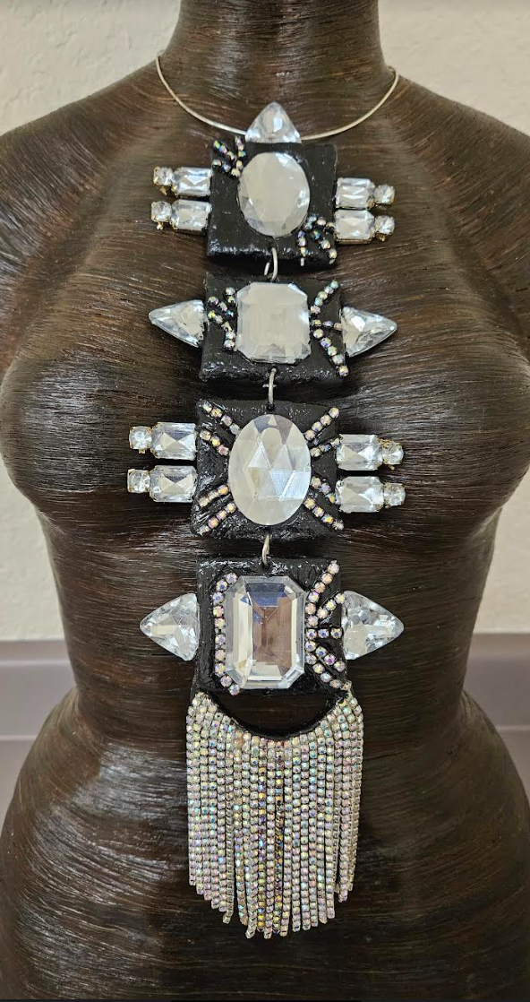Black & Silver Art Deco Sculpted Statement Pendant - Rhinestone Tie
