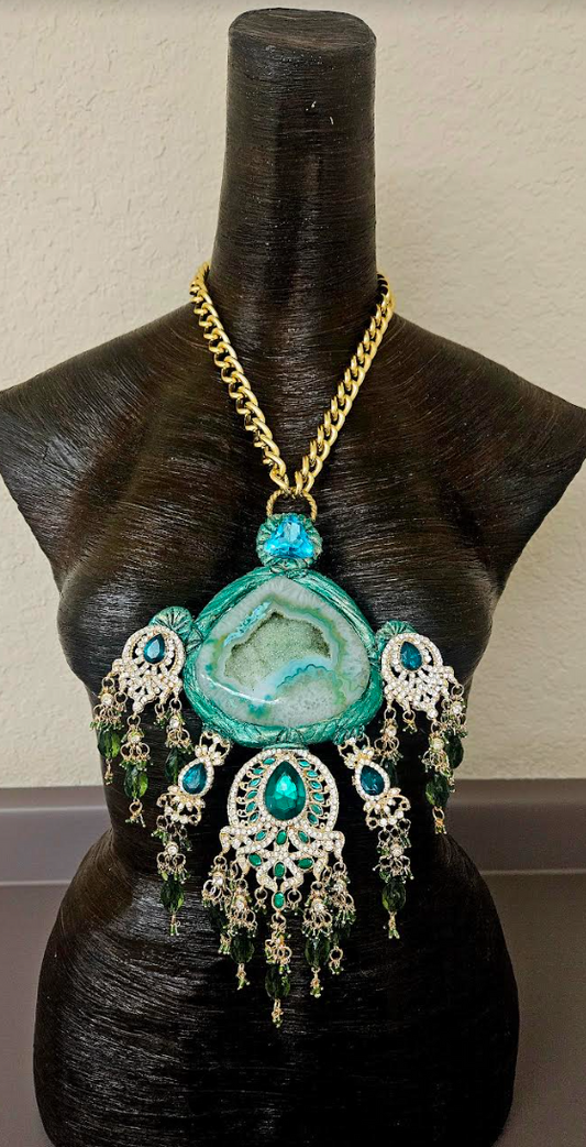 Green Druzy Sculpted Agate & Ornate Crystal Chest Piece Gaudy Gol
