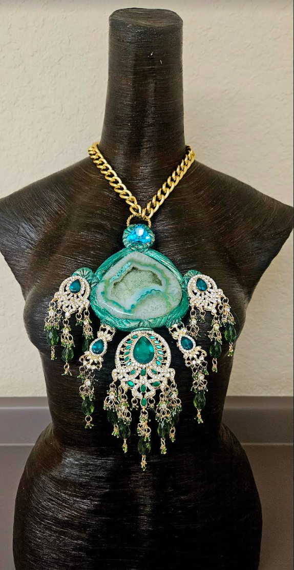 Green Druzy Sculpted Agate & Ornate Crystal Chest Piece Gaudy Gol