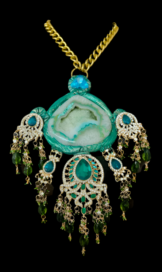 Green Druzy Agate Rhinestone Pendant - Super Bling Piece
