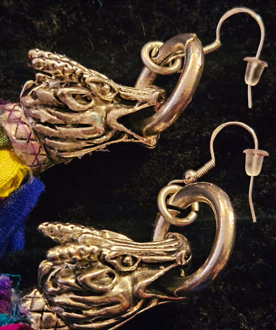 Dragon Head Distressed Sari Silk Pierced Statement Earrings Mytholog