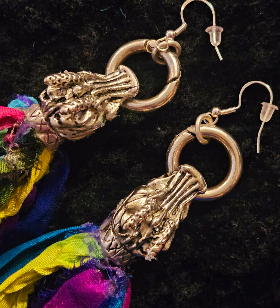 Dragon Head Distressed Sari Silk Pierced Statement Earrings Mytholog