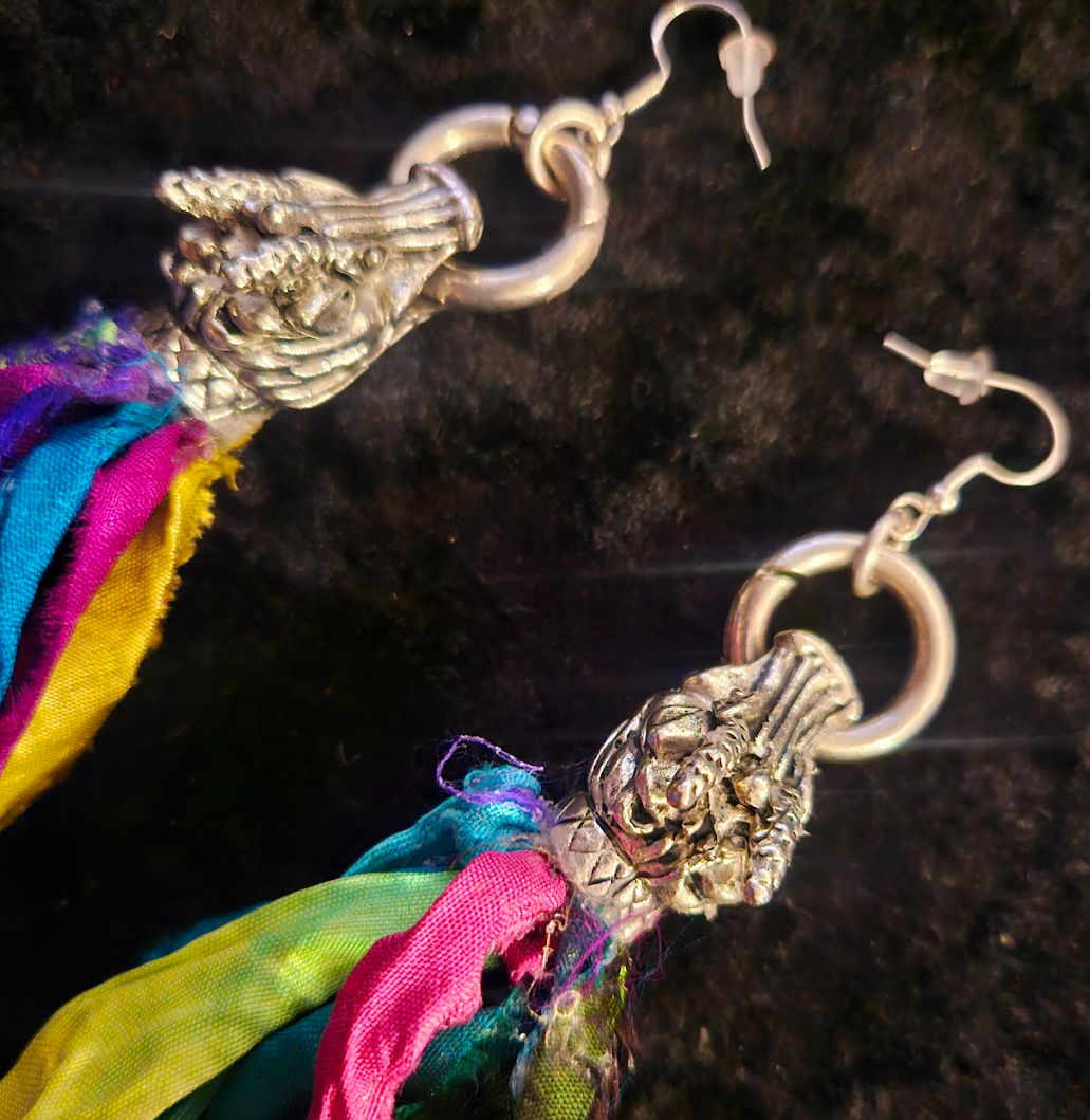 Dragon Head Distressed Sari Silk Pierced Statement Earrings Mytholog
