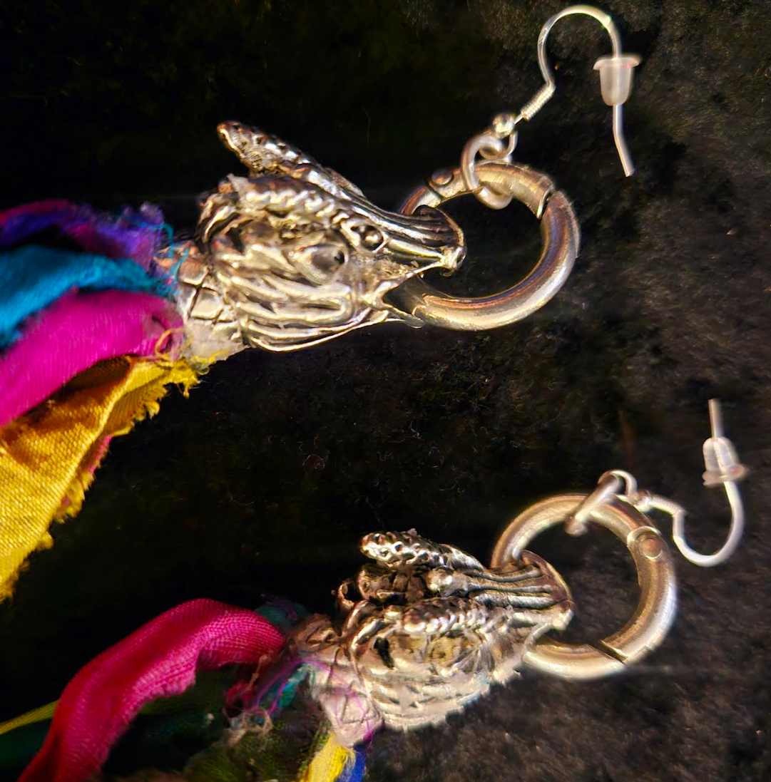 Dragon Head Distressed Sari Silk Pierced Statement Earrings Mytholog