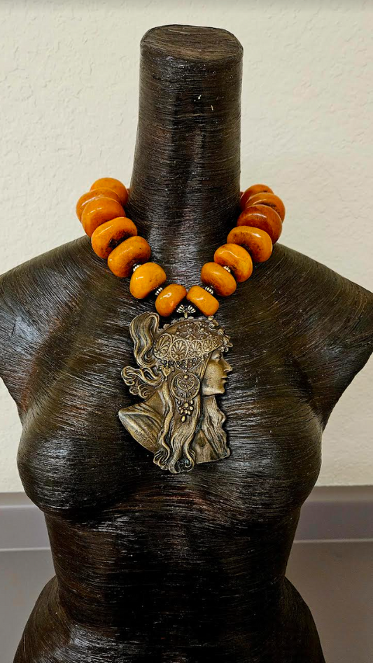 Oversized Moroccan Resin Beaded Tribal Luxury Necklace - Mucha Pendant