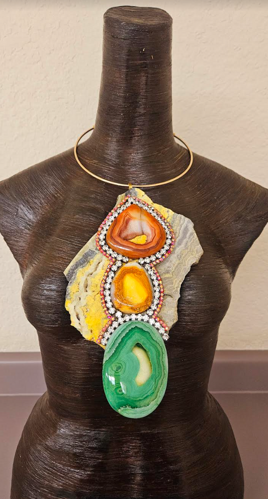 Bumble Bee Jasper Slab & Druzy Agate Torc Gemstone Pendant - Celebrity