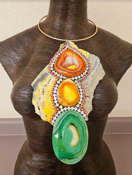 Bumble Bee Jasper Slab & Druzy Agate Statement Pendant