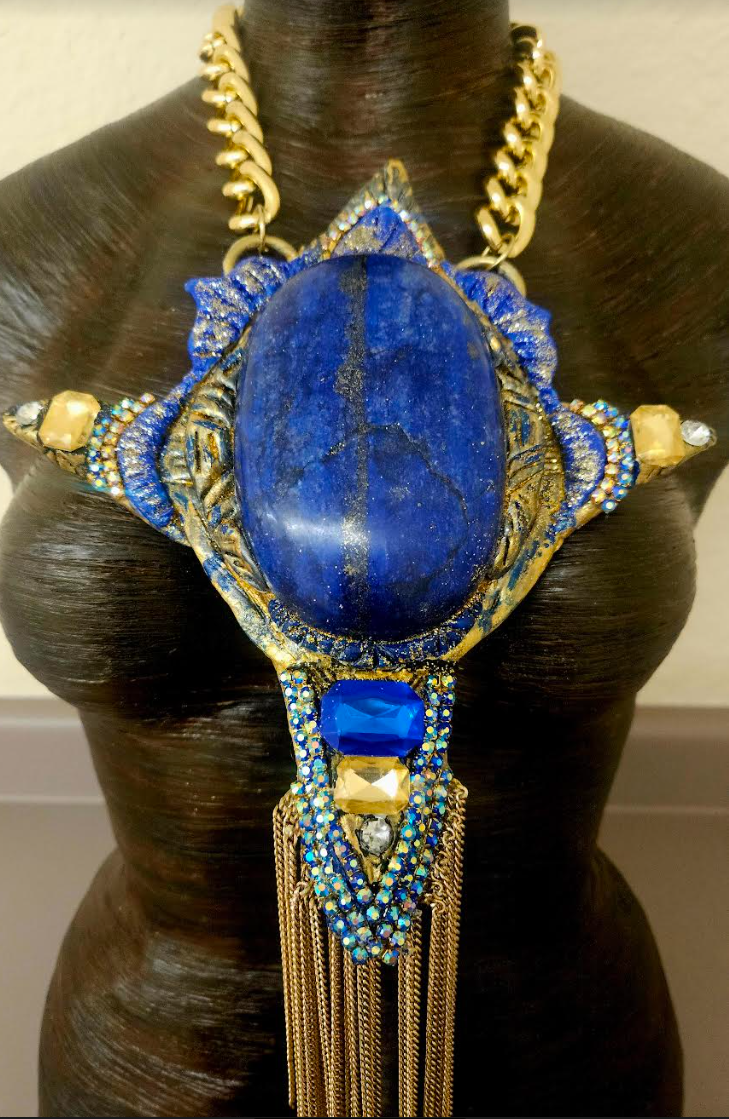 Sculpted Lapis Lazuli Statement Gemstone Pendant - Sexy Egypt Goddess