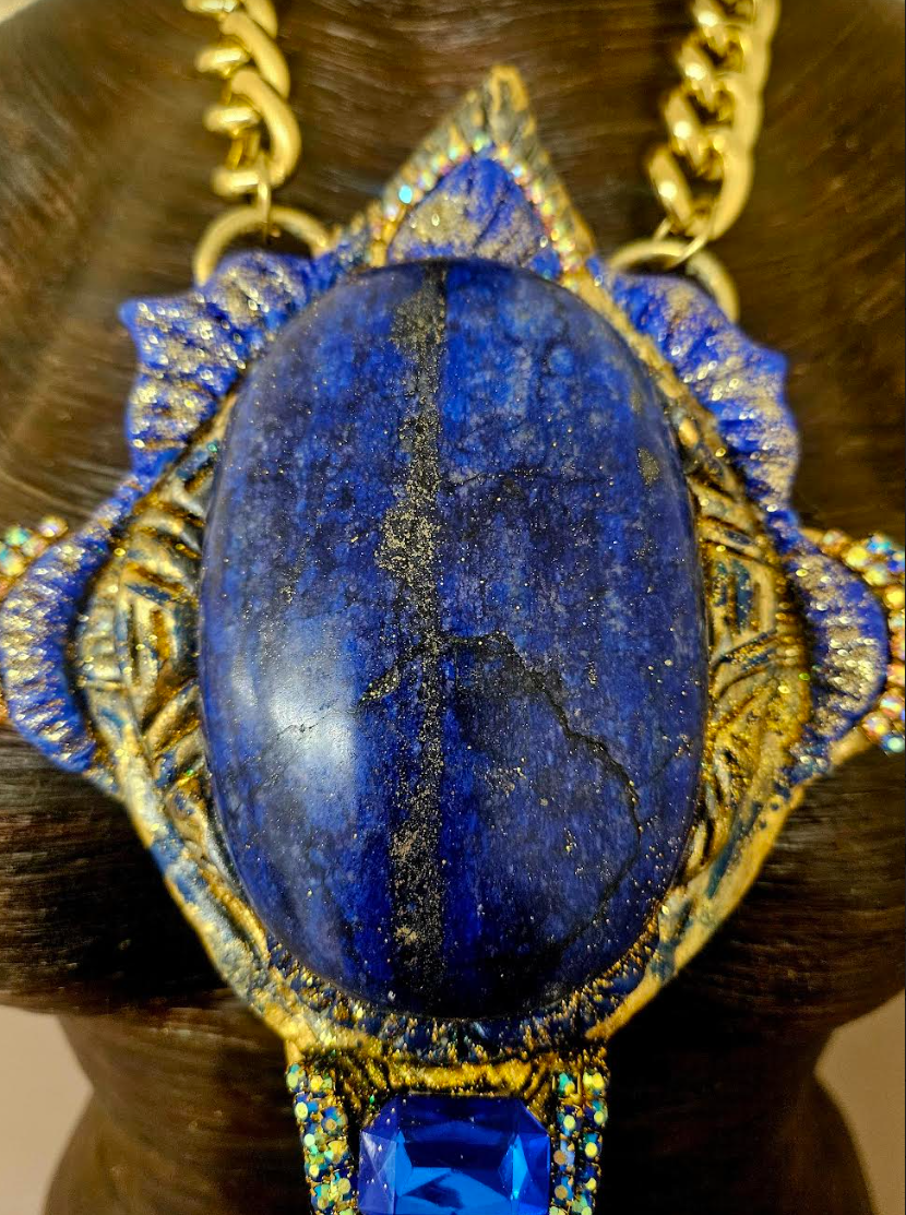 Sculpted Lapis Lazuli Statement Gemstone Pendant - Sexy Egypt Goddess