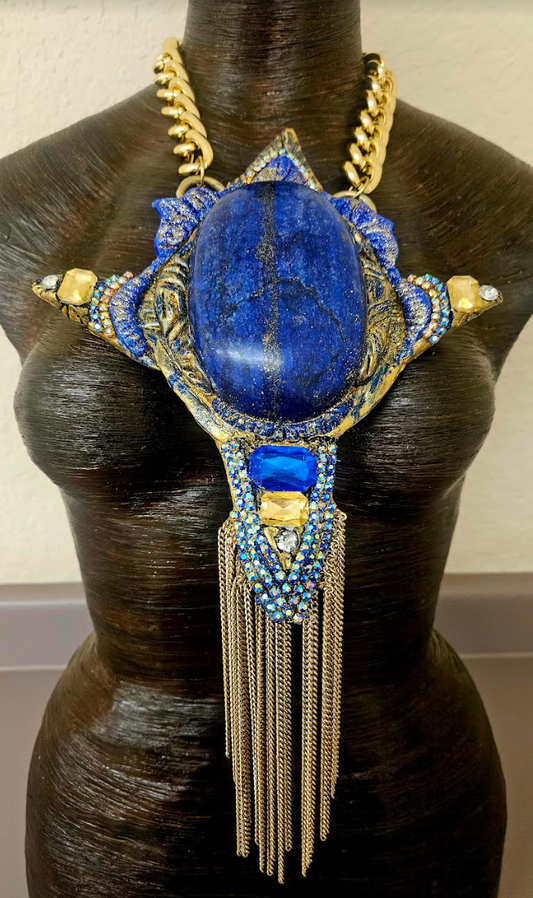 Sculpted Lapis Lazuli Statement Gemstone Pendant - Sexy Egypt Goddess