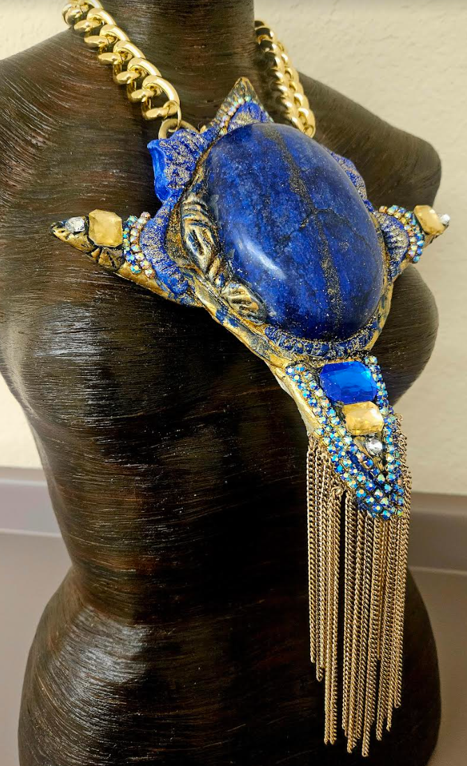 Sculpted Lapis Lazuli Statement Gemstone Pendant - Sexy Egypt Goddess