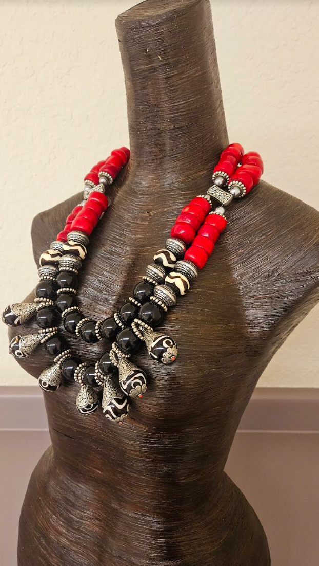 Black Red Silver Tribal Beaded Statement Bib & Tibetan Bone Teardrops