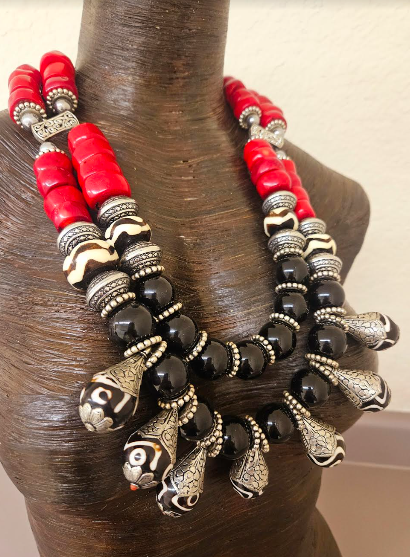 Black Red Silver Tribal Beaded Statement Bib & Tibetan Bone Teardrops